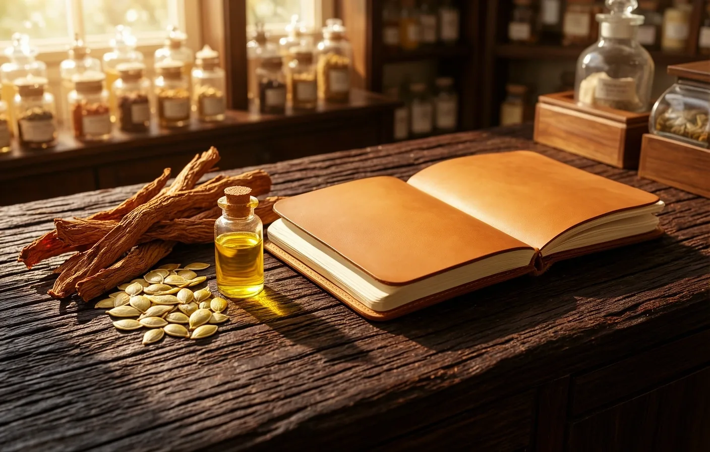 Traditional vitality research materials on a wooden desk